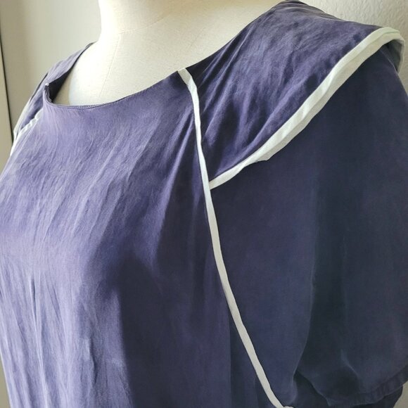 Vintage Purple Shift Dress with Pockets & White Piping – Minimalist Retro Style - Picture 3 of 4